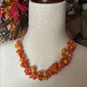 Handcrafted Orange Bamboo Coral & Yellow Dyed Howlite Stone Bead Necklace